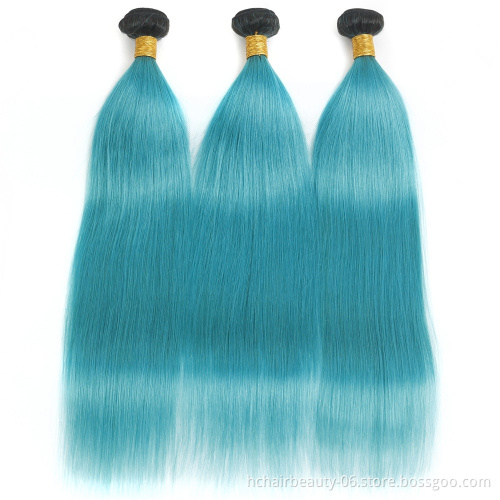 Ombre #1B/Blue Peacock Bundles With Frontal Straight Ombre Blue Human Hair Bundles With Lace Frontal Brazilian Remy Human Hair